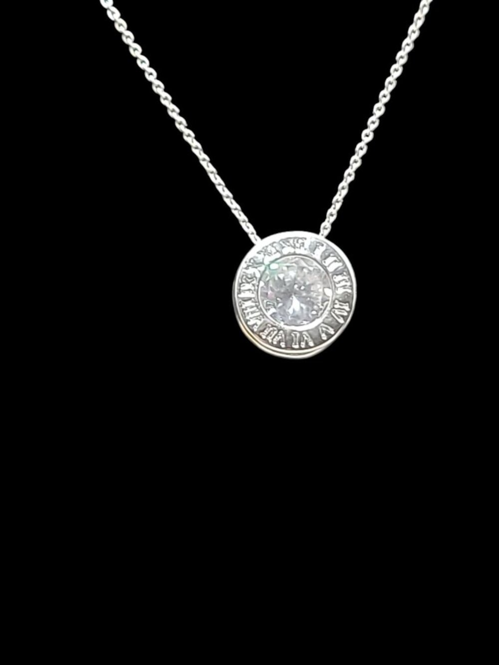 Roman Numeral Crystal Pendant Necklace White Gold Plated Sparkling Center 17"